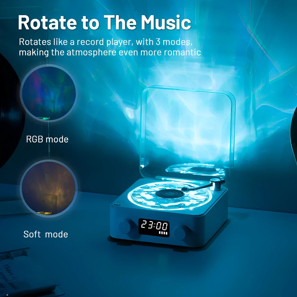 Retro turntable Bluetooth speaker with rotating vinyl and RGB projection lighting effects