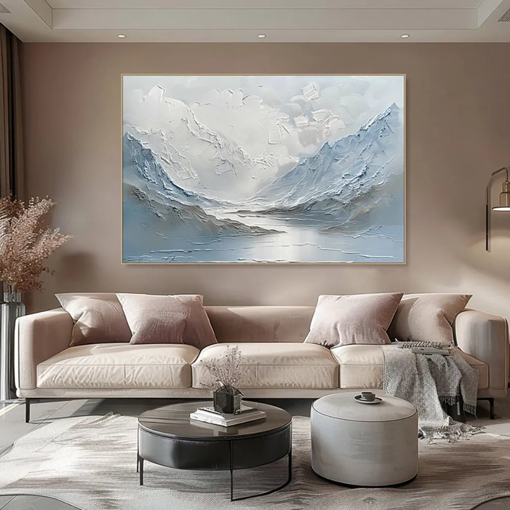 Light blue and white handpainted oil painting of mountain and lake scenery on thick canvas