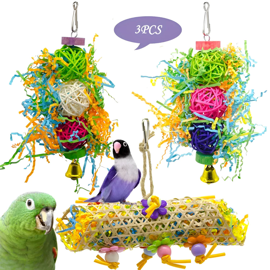 3pcs bird toy set with bamboo, cotton rope, brushed rattan and grass, multicoloured hanging cage toys