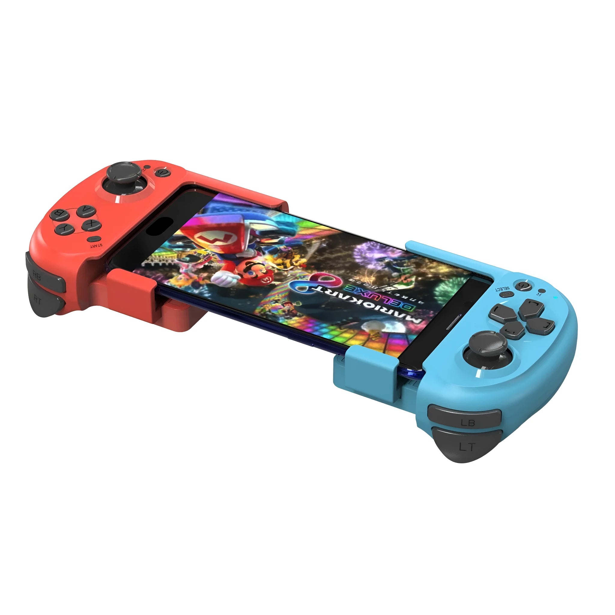 Bluetooth split game controller for mobile phones in black, blue and red ABS plastic
