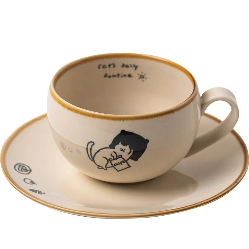 Cute cartoon Japanese cat ceramic coffee cup 250ml with rest illustration on white background