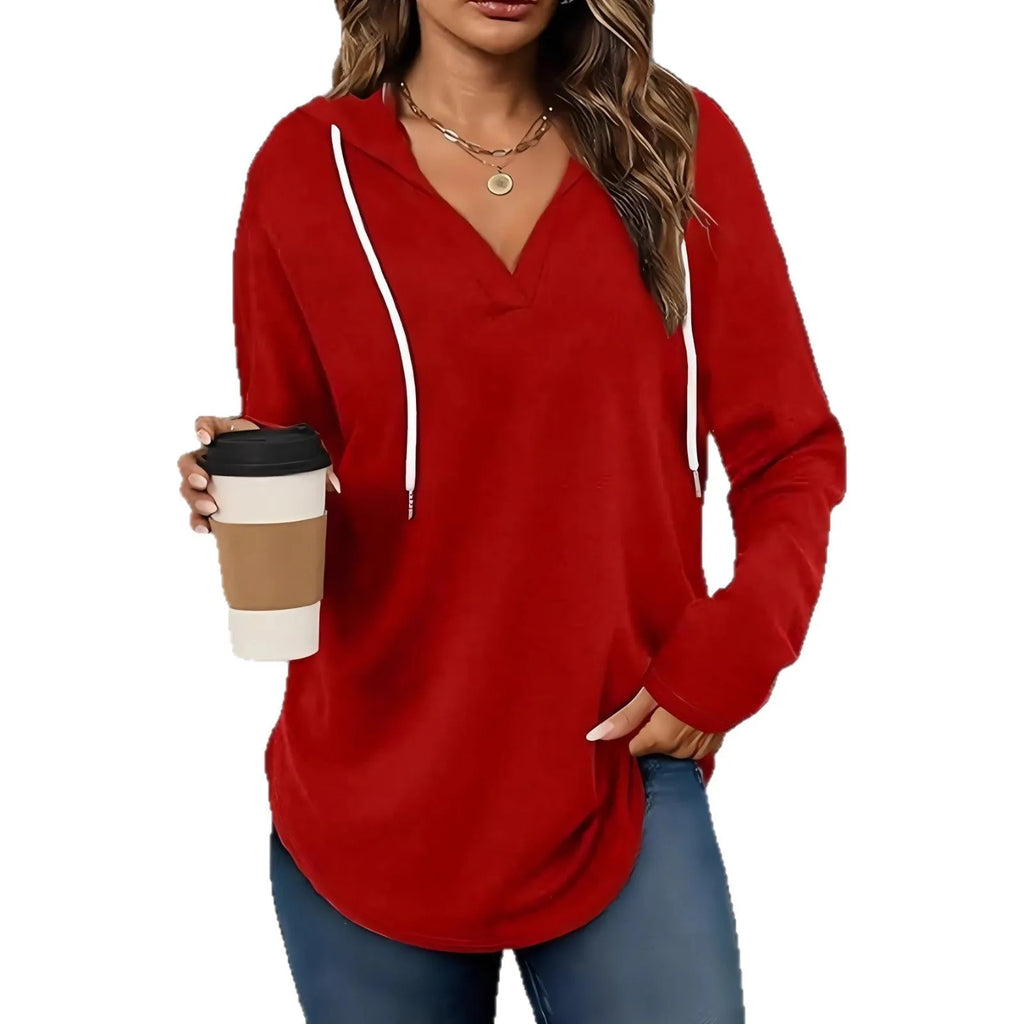 Women's red V-neck hooded sweatshirt with long sleeves and loose fit design