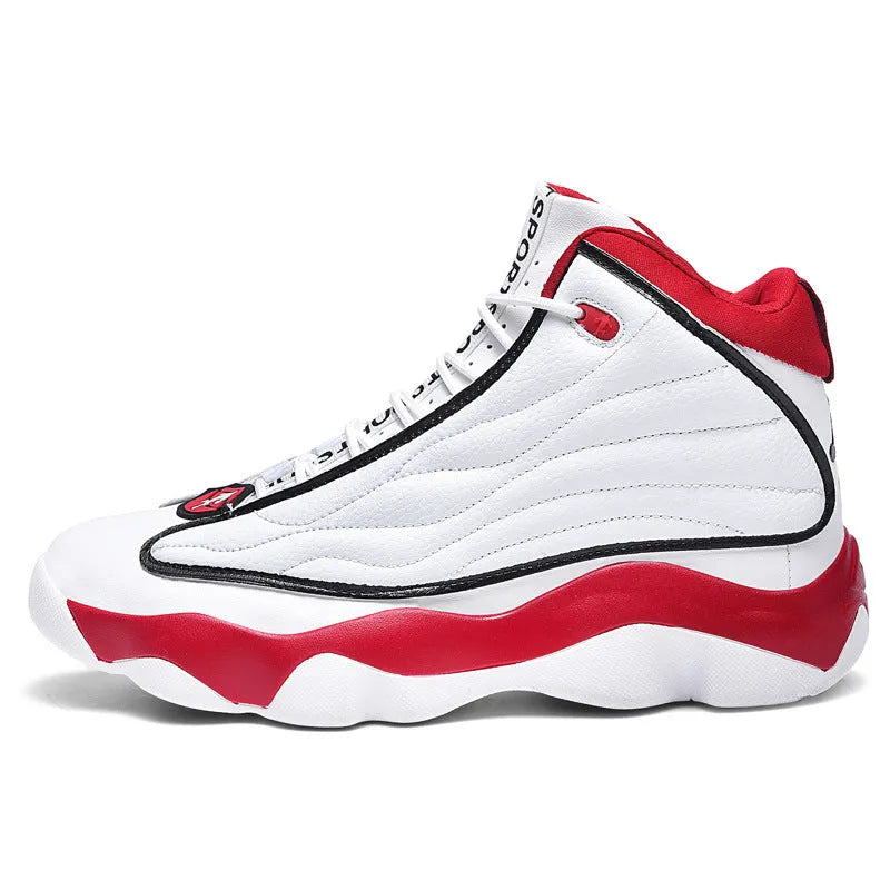 High-top basketball shoes in AJ13 colours with mesh upper and thick rubber sole on a white background