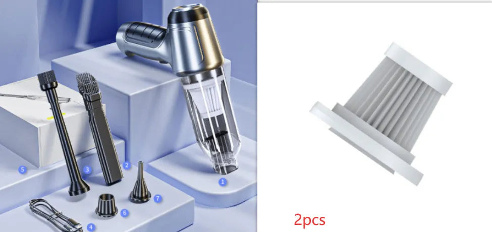 Handheld brushless motor car vacuum cleaner with flat and long suction nozzles and charging cable.