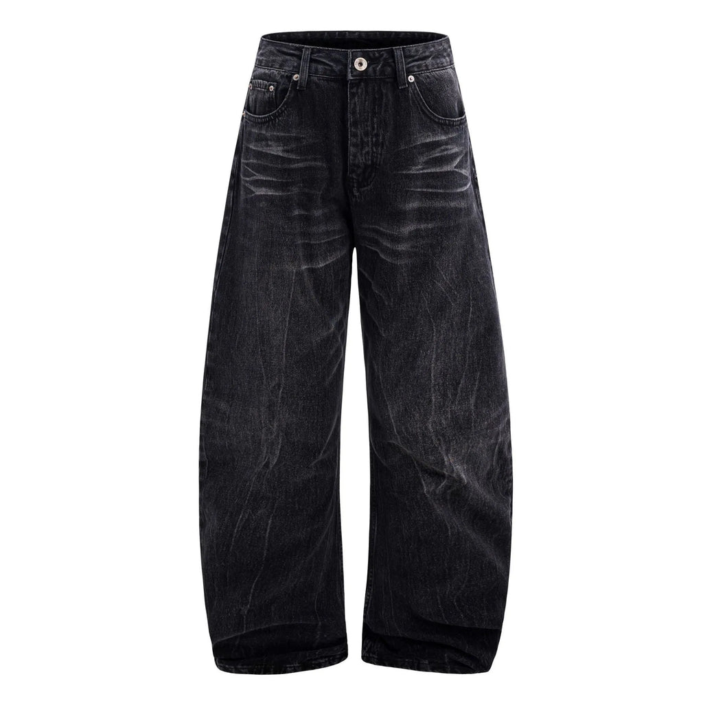 Black mens straight-leg jeans with American washed lightning crack detailing on cotton fabric