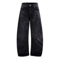 Black mens straight-leg jeans with American washed lightning crack detailing on cotton fabric