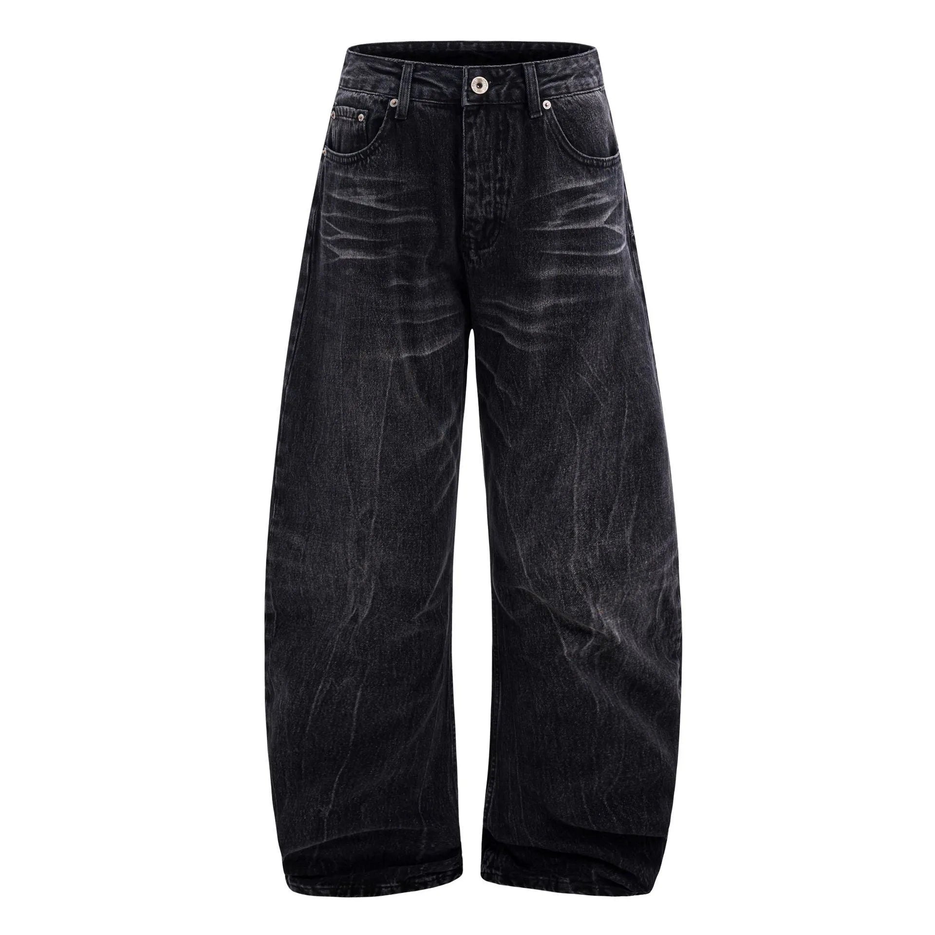 Black mens straight-leg jeans with American washed lightning crack detailing on cotton fabric
