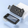 Cool black and ivory white solar power bank showing integrated solar panel and compact 144mm x 68mm dimensions.