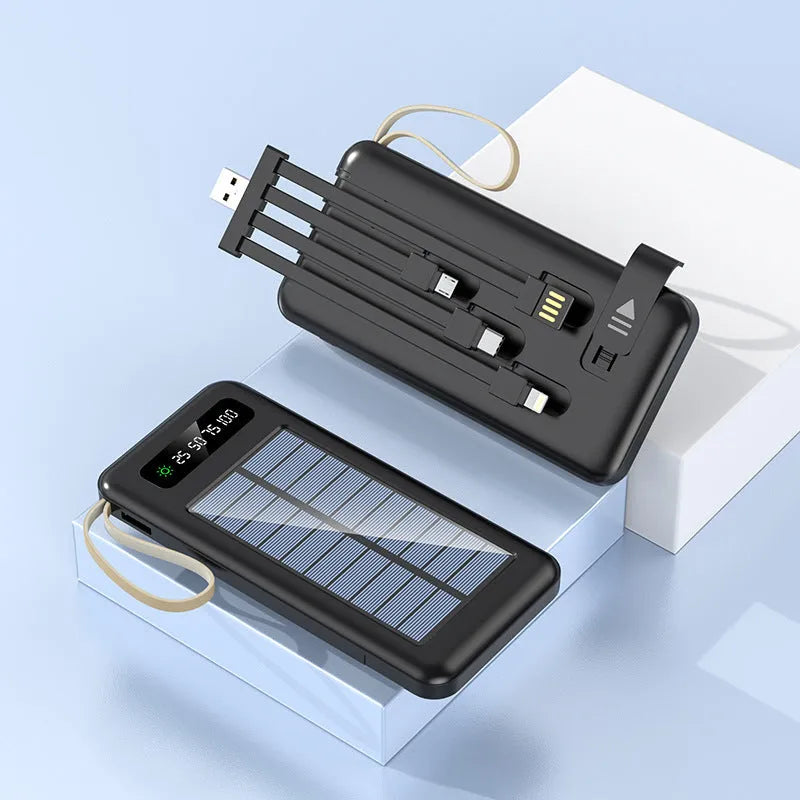 Cool black and ivory white solar power bank showing integrated solar panel and compact 144mm x 68mm dimensions.