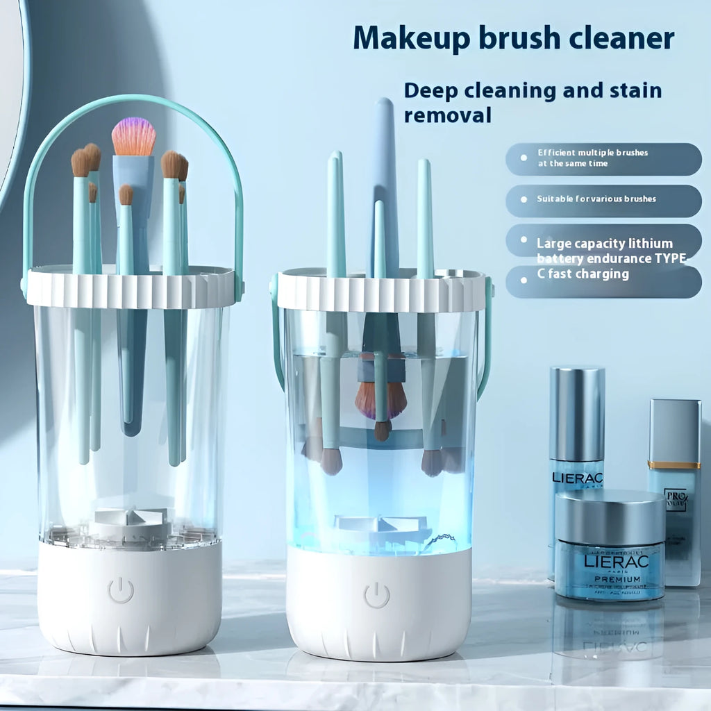 White plastic rechargeable electric cleaning brush for makeup brushes with data cable.