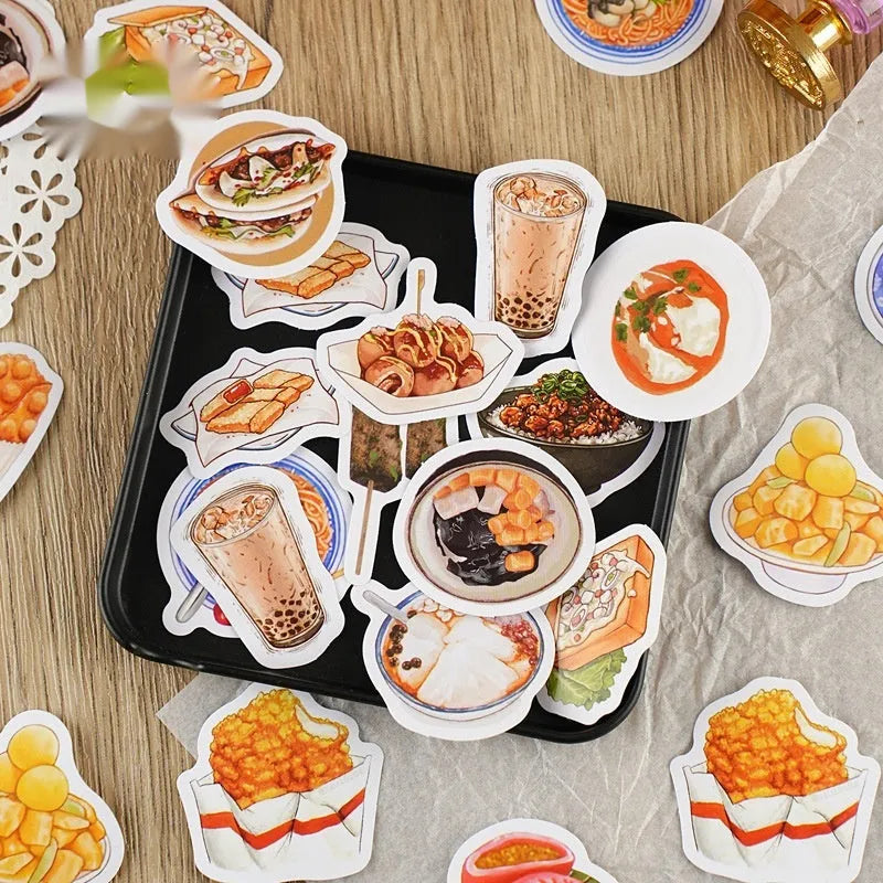Box-packed night market snacks retro stickers 46 pieces adhesive labels for DIY decoration