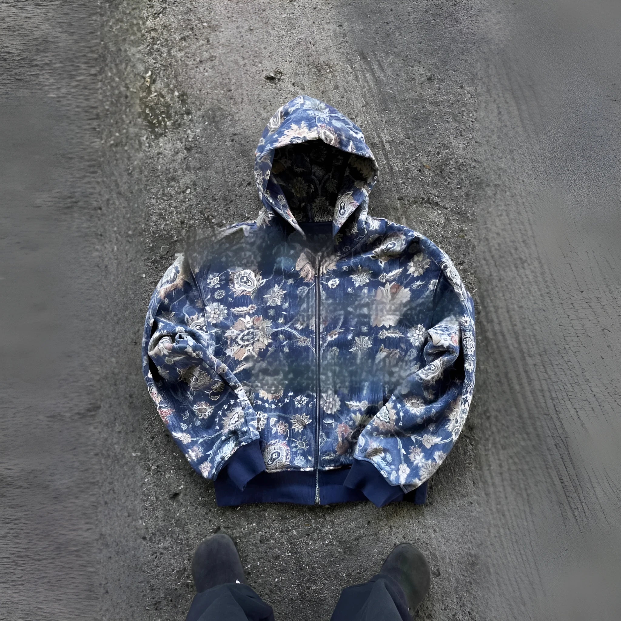 Man wearing a loose-fitting blue hooded zip-up coat with digital printing.