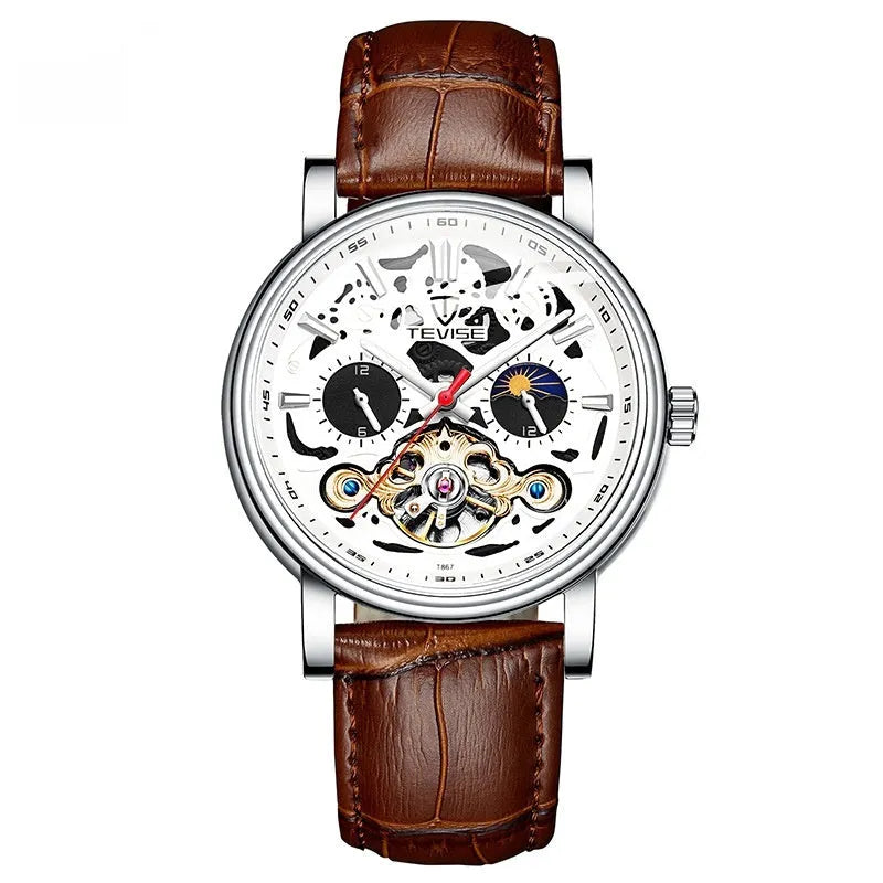 Men's black mechanical watch with skeleton dial showing tourbillon, luminous hands, on a leather strap.