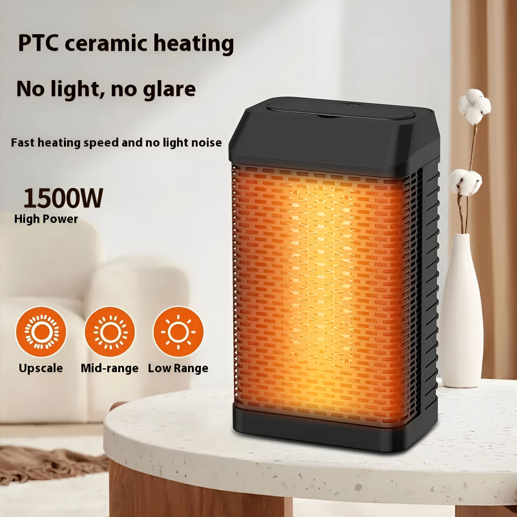Black smart desktop heater with remote control showing dimensions 14.5x10x26cm