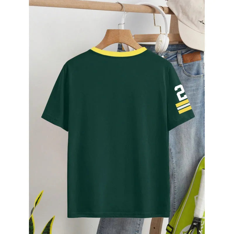 Red cotton T-shirt with white digital letter print, loose fit short sleeve design