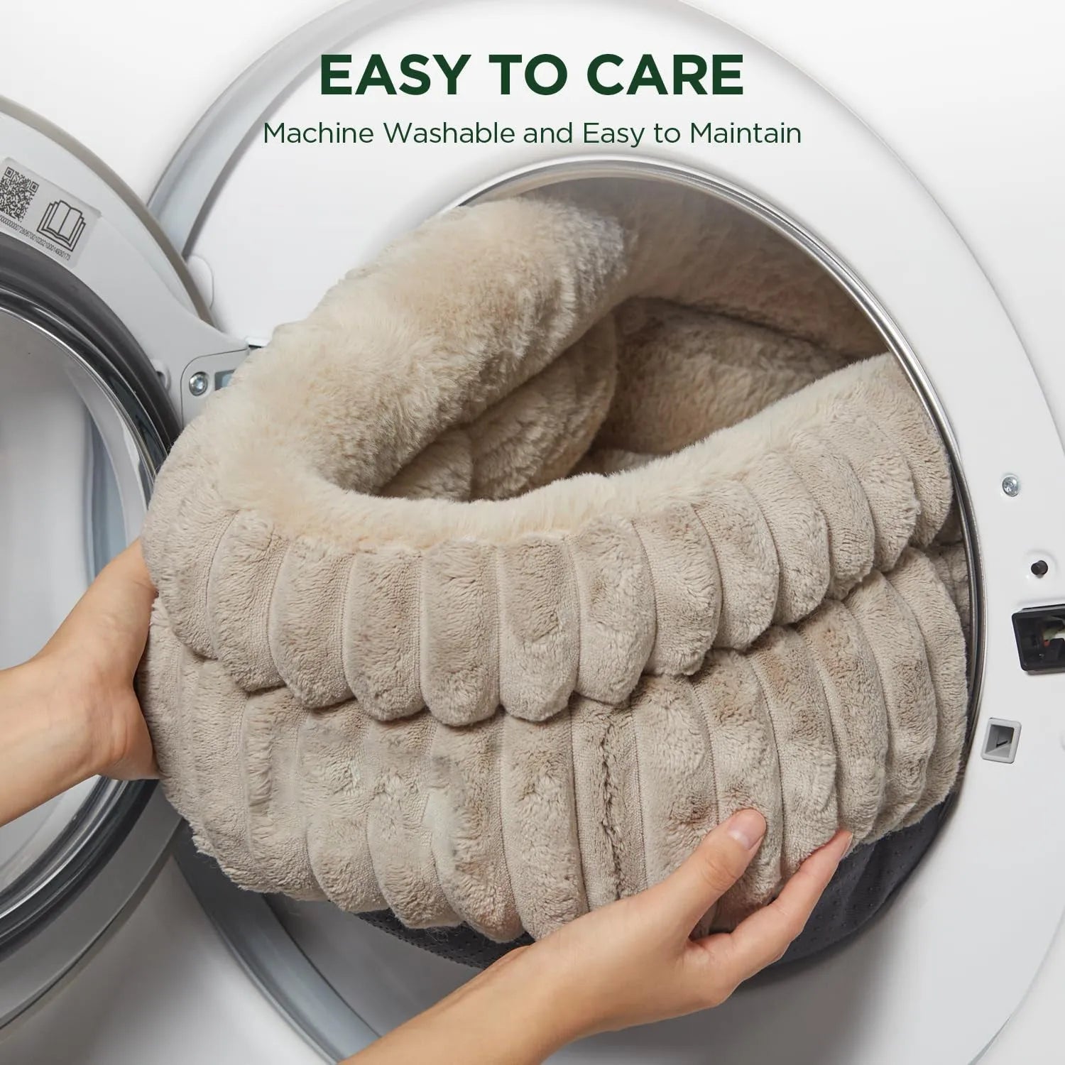Washable round cat bed in beige with super soft plush faux fur and anti-slip bottom