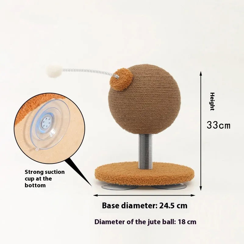 Angled cat scratch board with woven hemp rope surface and a separate round cat toy ball