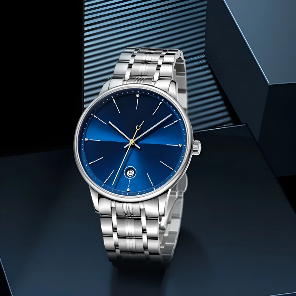 Men's 42mm mechanical watch with hollow movement, luminous dial, and stainless steel case on a white background