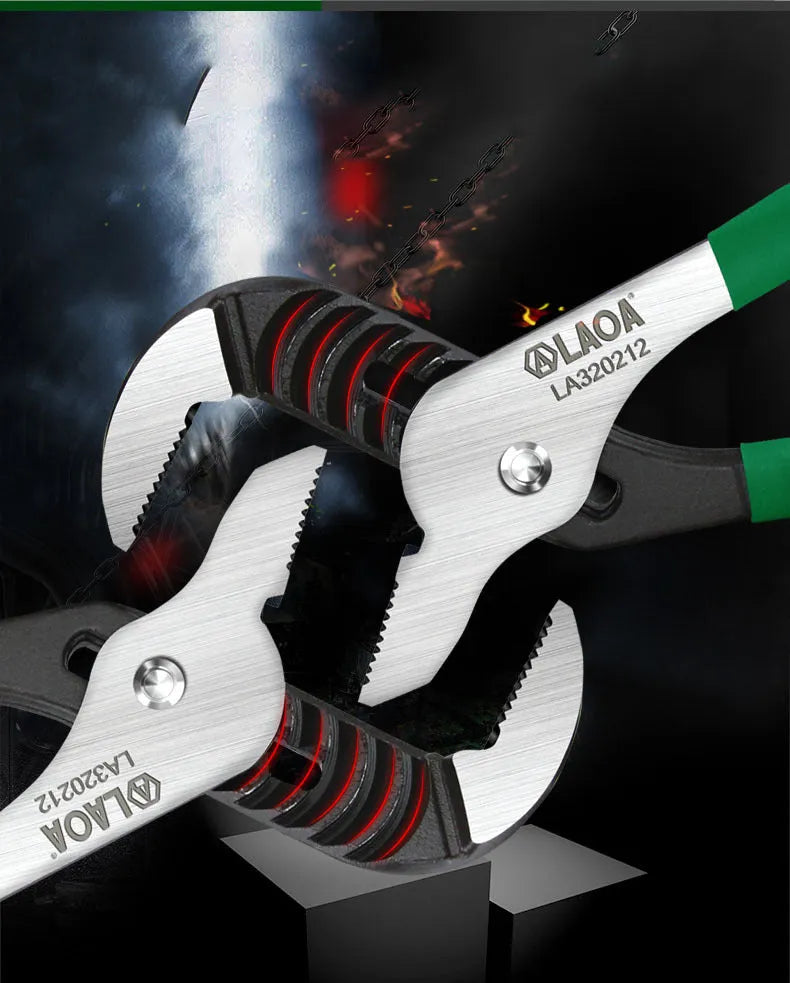 Adjustable CR-V steel pipe wrench with viscous plastic handle, shown in various sizes on a workbench.