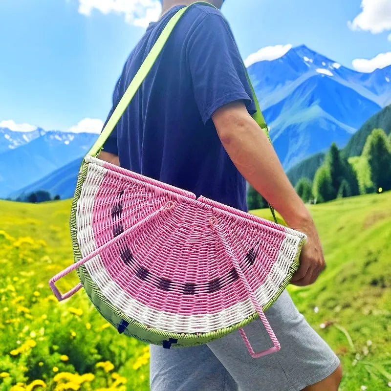 Green hand-held woven PP picnic basket with watermelon design for fruit and vegetable storage