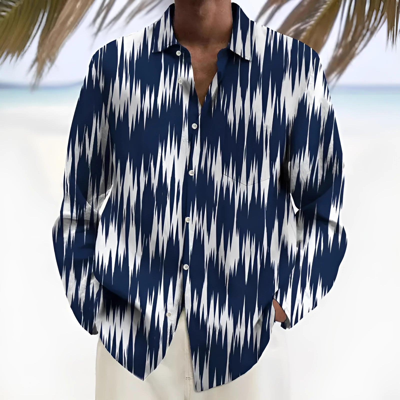 Men's long sleeve casual shirt in a multi-colour pattern, made from stretch polyester fabric