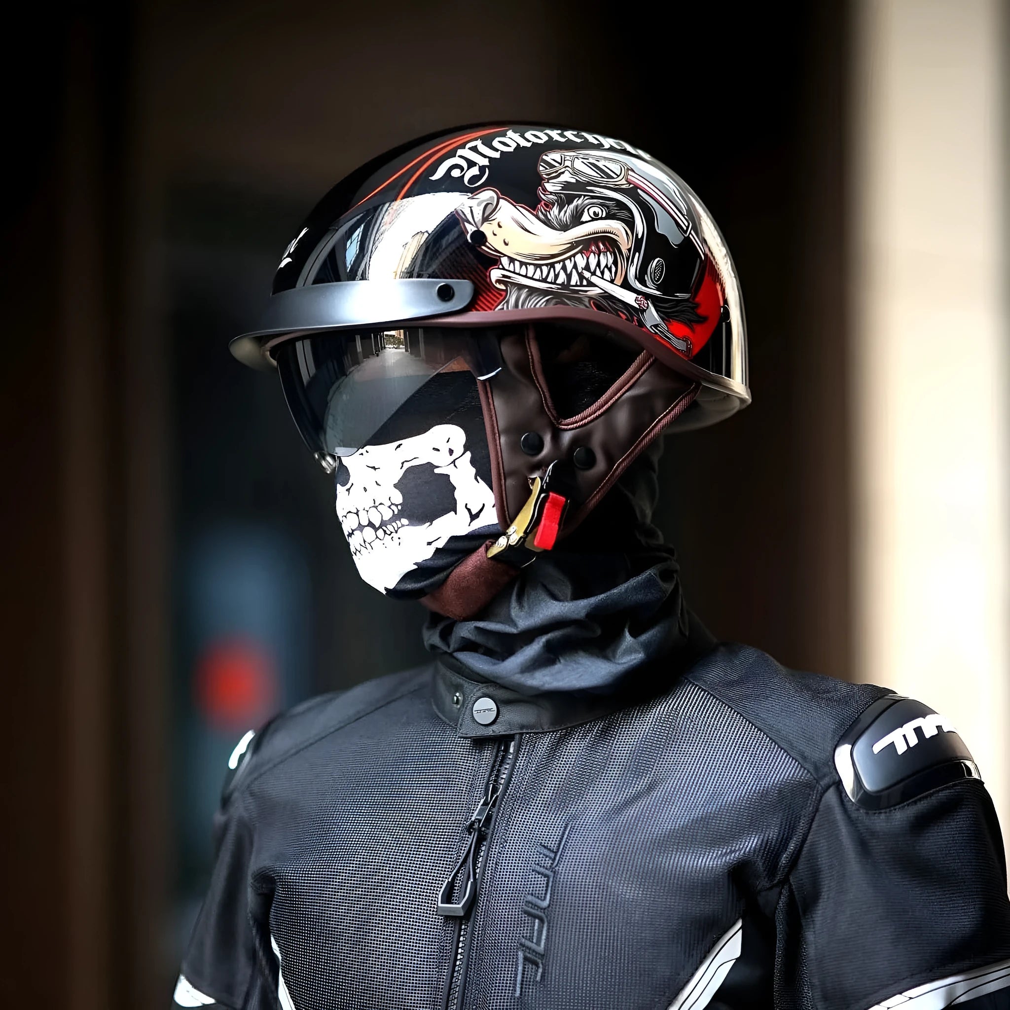 Retro full-face electric motorcycle helmet in black flywheel colour, side view