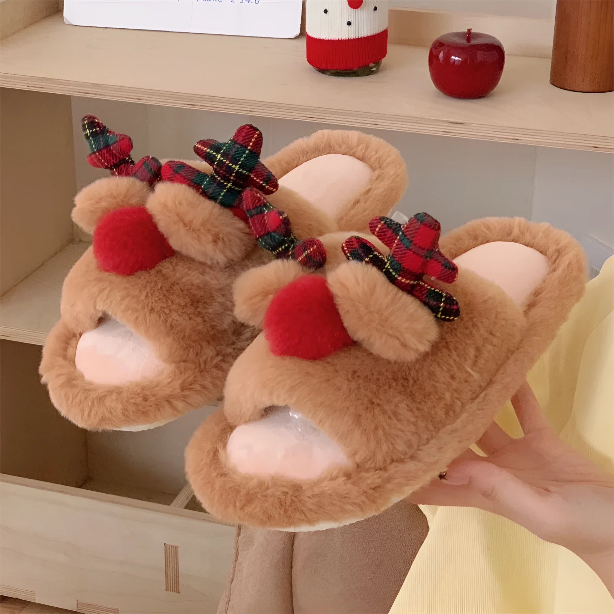 Brown women's fluffy cotton slippers with cartoon deer design, suede upper and PVC sole