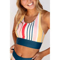 Women's blue striped sleeveless vest and high waist swim trunks set in polyester, sizes XS to 2XL