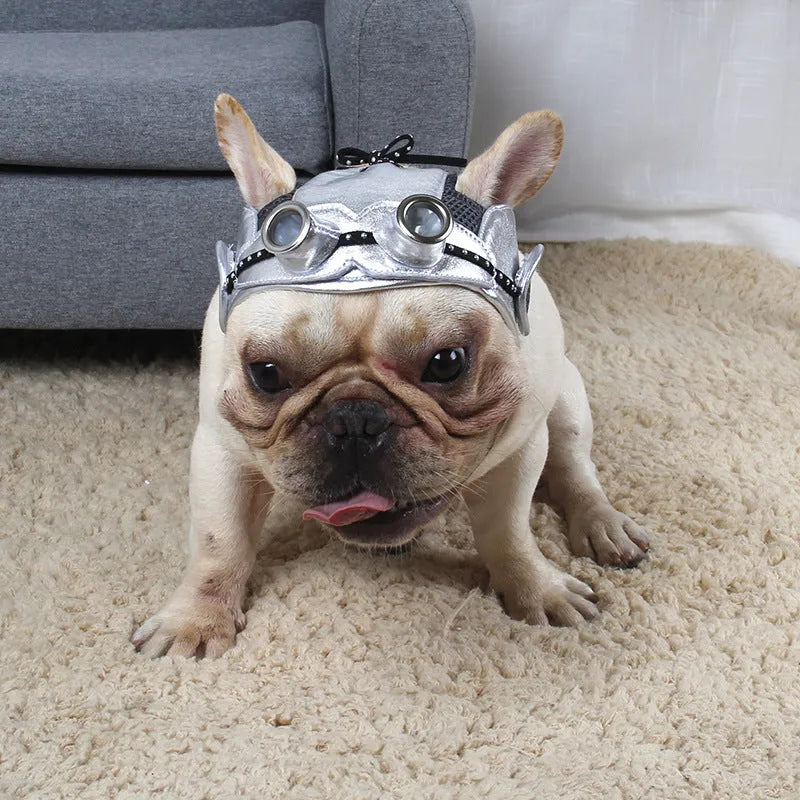 Free size pet pilot hat for cats and dogs in black leather or silver non-woven fabric with elastic band