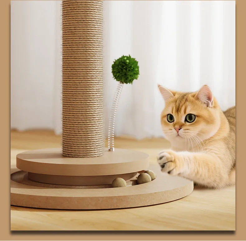 Vertical cat climbing frame with hemp rope scratching post and a square platform, in a natural canna colour.
