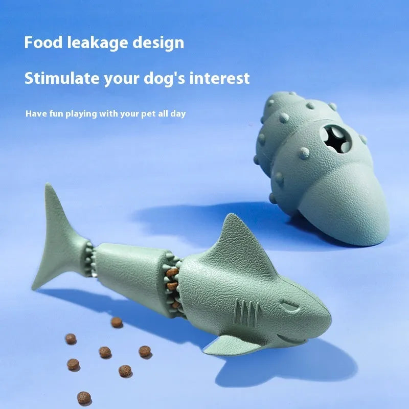 Deep sea shark design rubber dog toy in blue and green colour options