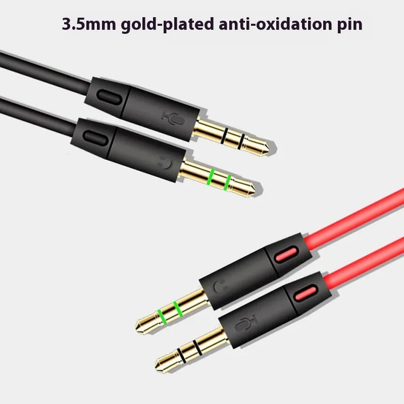 3.5mm audio splitter adapter cable in black with flat design, 21cm length, for desktop computer headset and speakers