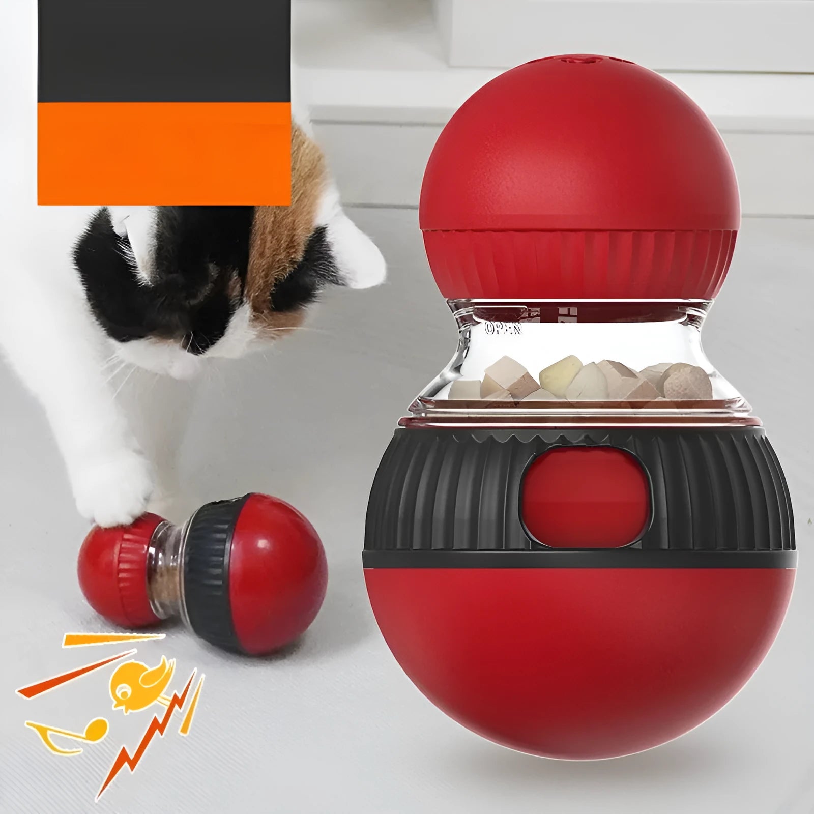 Plastic rotating cat toy with super ball colour finish and food dropping ball mechanism
