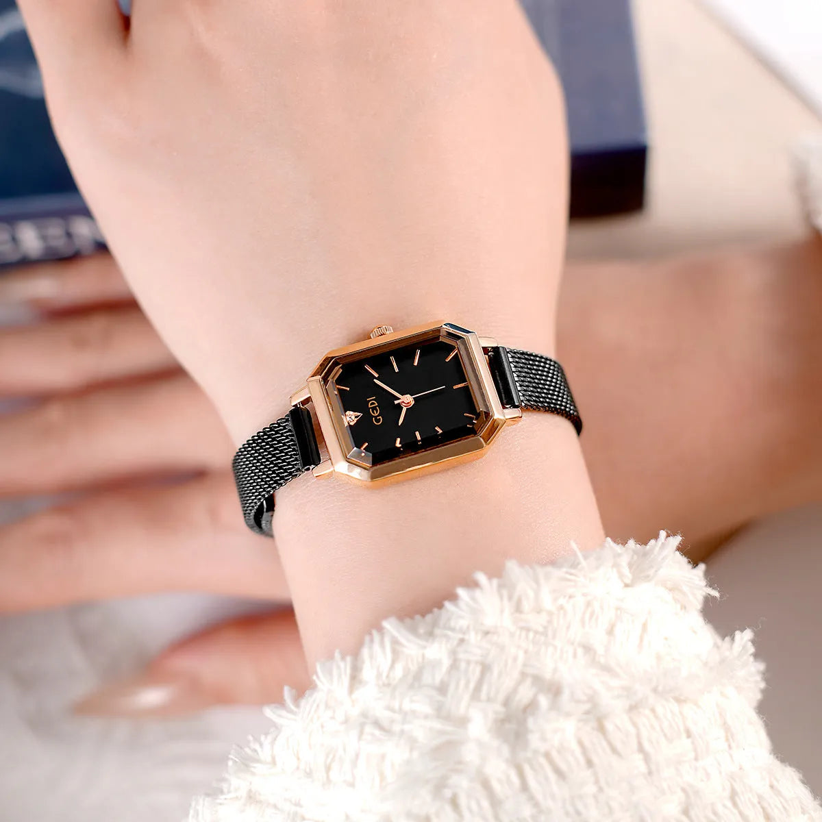 Women's square retro casual watch with rose shell case and multiple colour combinations showing 8mm thickness