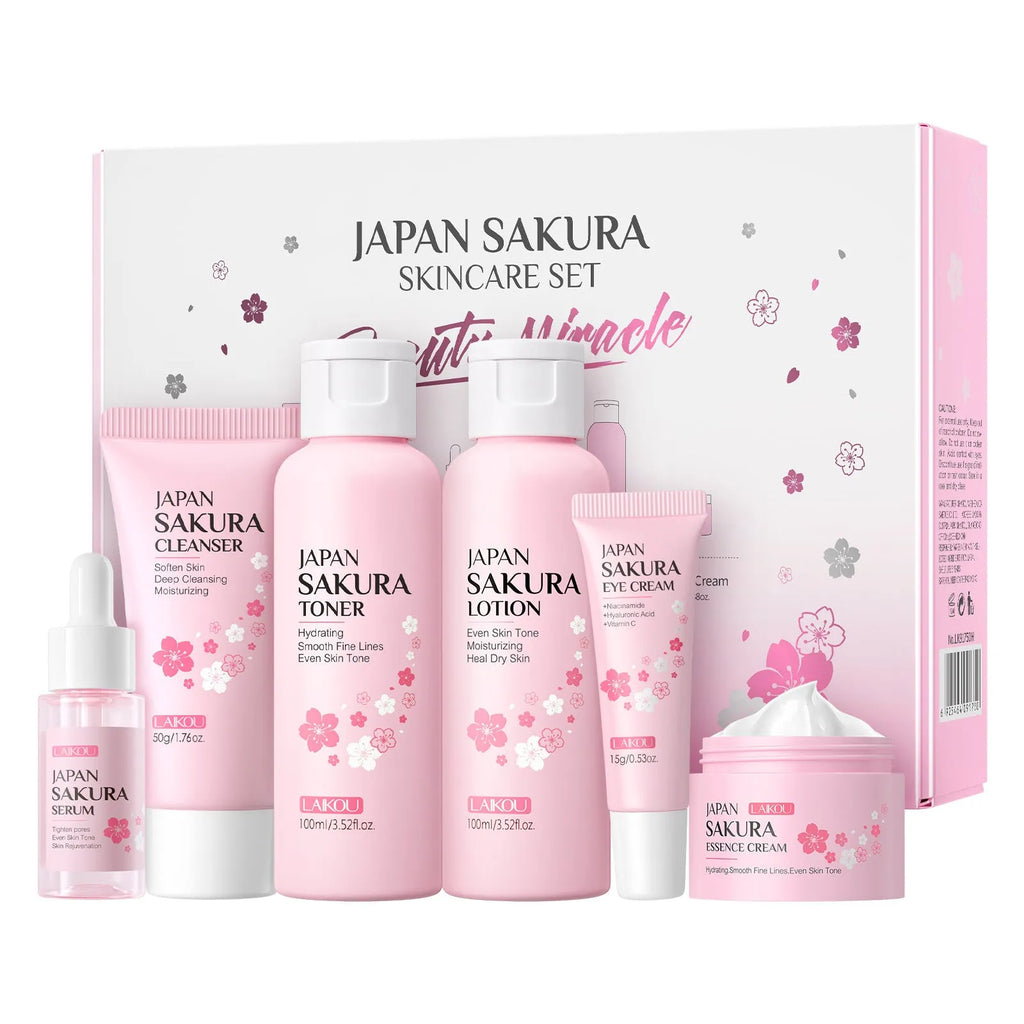 Cherry Blossom brightening and cleansing six piece facial skin care set with bottles and jars