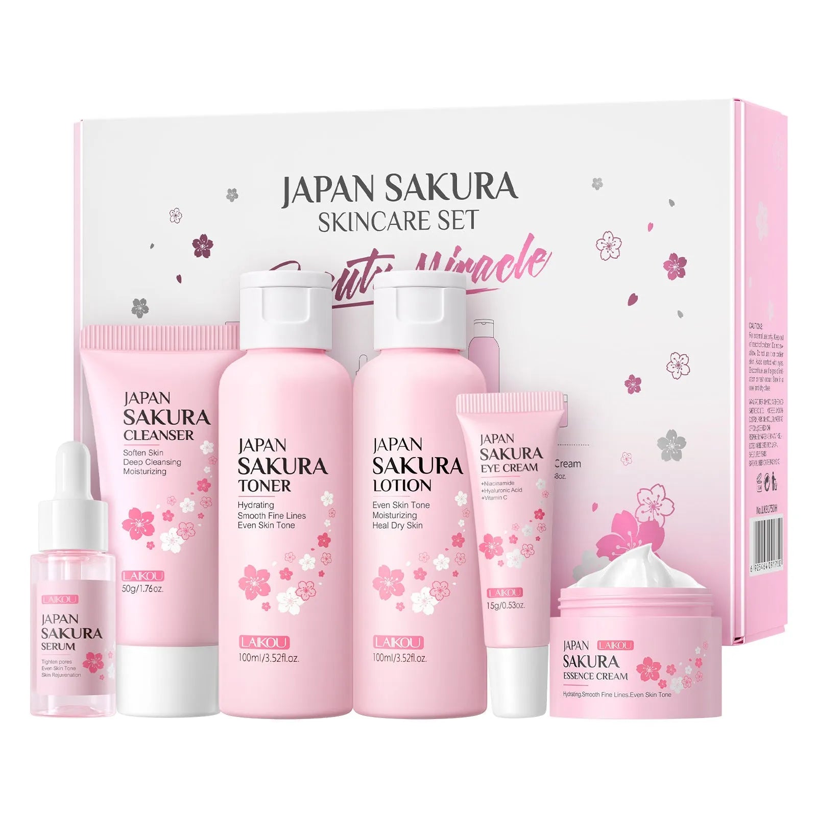 Cherry Blossom brightening and cleansing six piece facial skin care set with bottles and jars