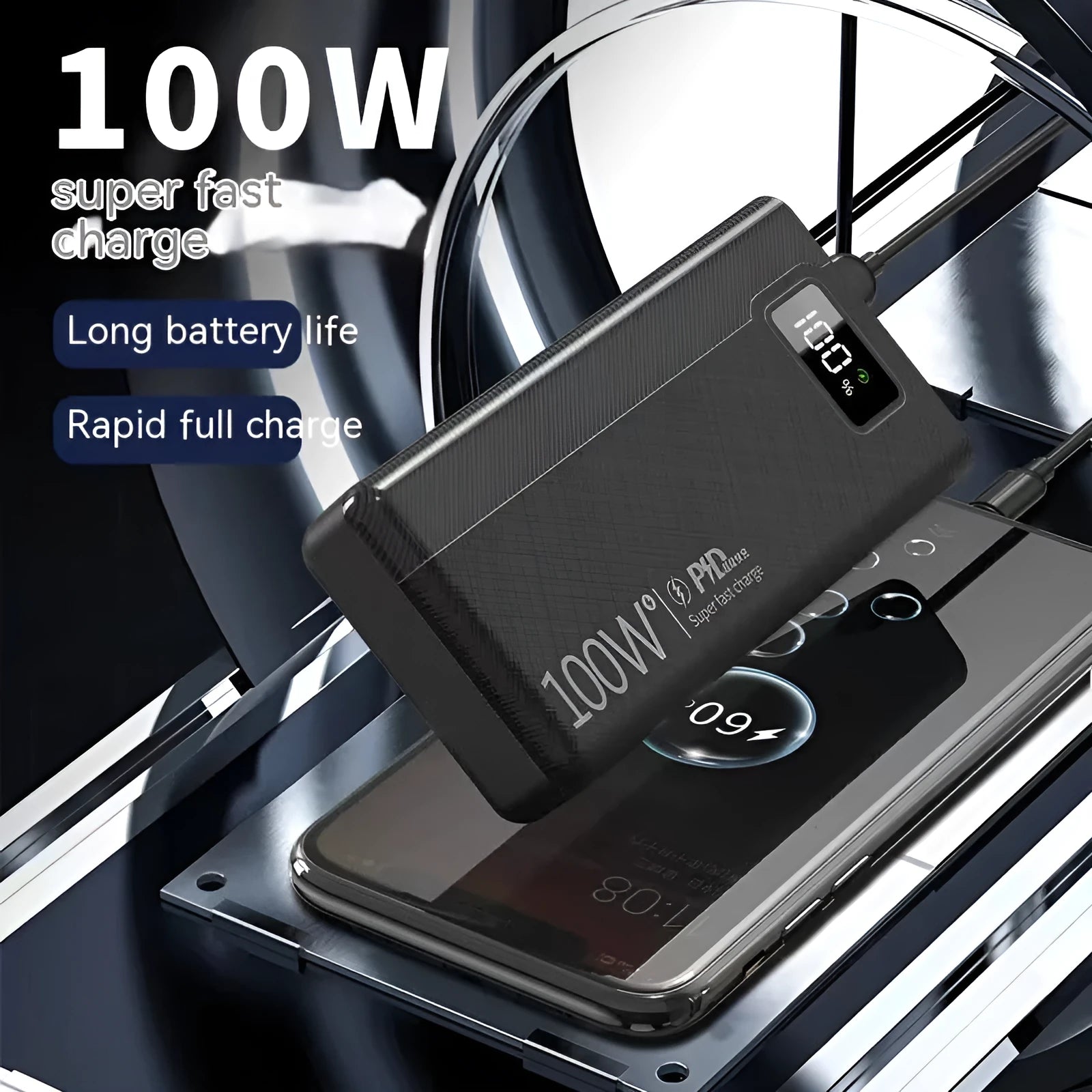 Large capacity power bank in black plastic casing with dimensions 150mm by 76mm