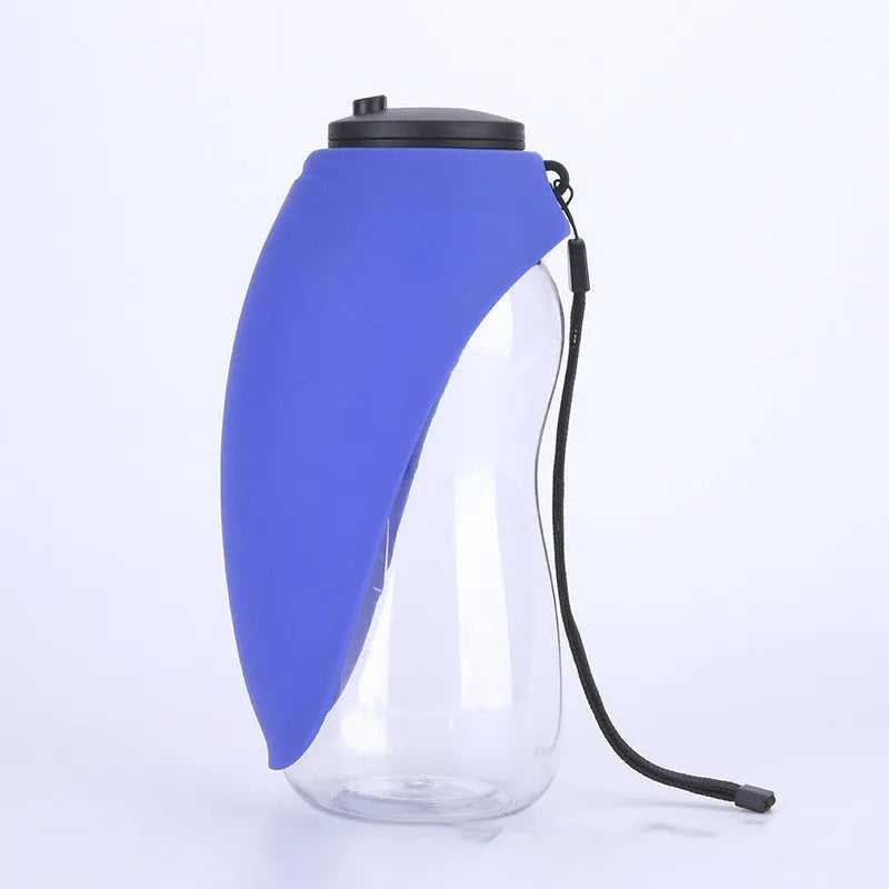 Blue portable pet water bottle with drinking bowl showing 680ml capacity and hanging strap