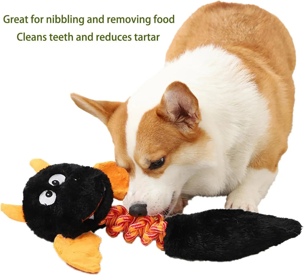 Large black plush dog toy with a cartoon shape, featuring a rope knot and measuring 44cm.