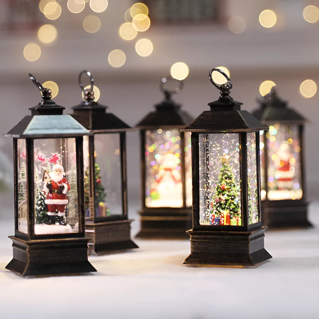 Christmas simulation LED flame small oil lamp in plastic square wind-lamp design with old man and tree figures