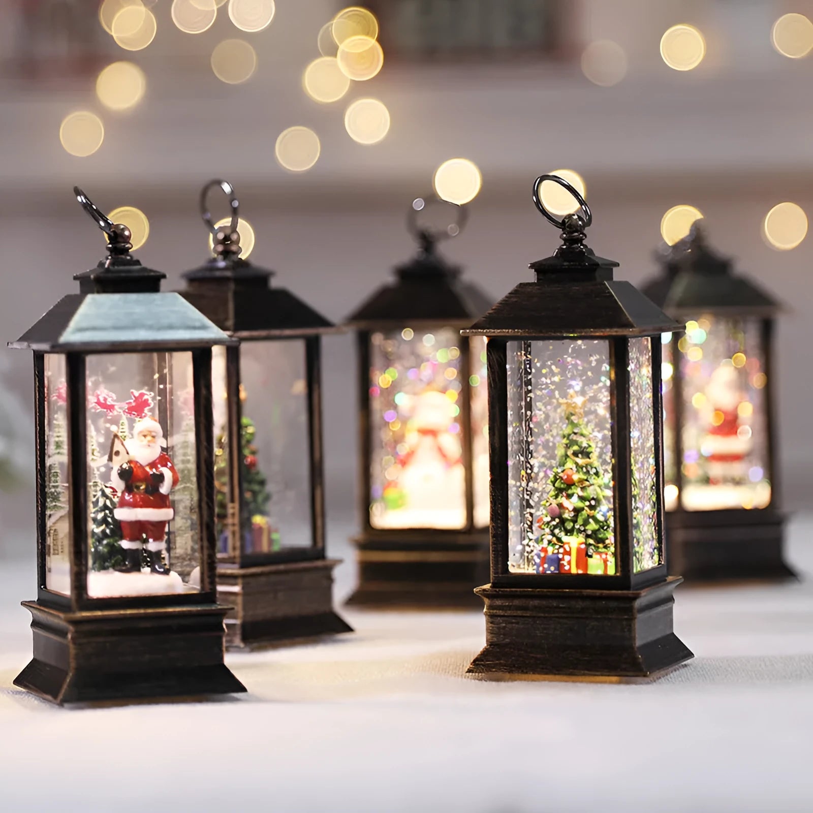 Christmas simulation LED flame small oil lamp in plastic square wind-lamp design with old man and tree figures