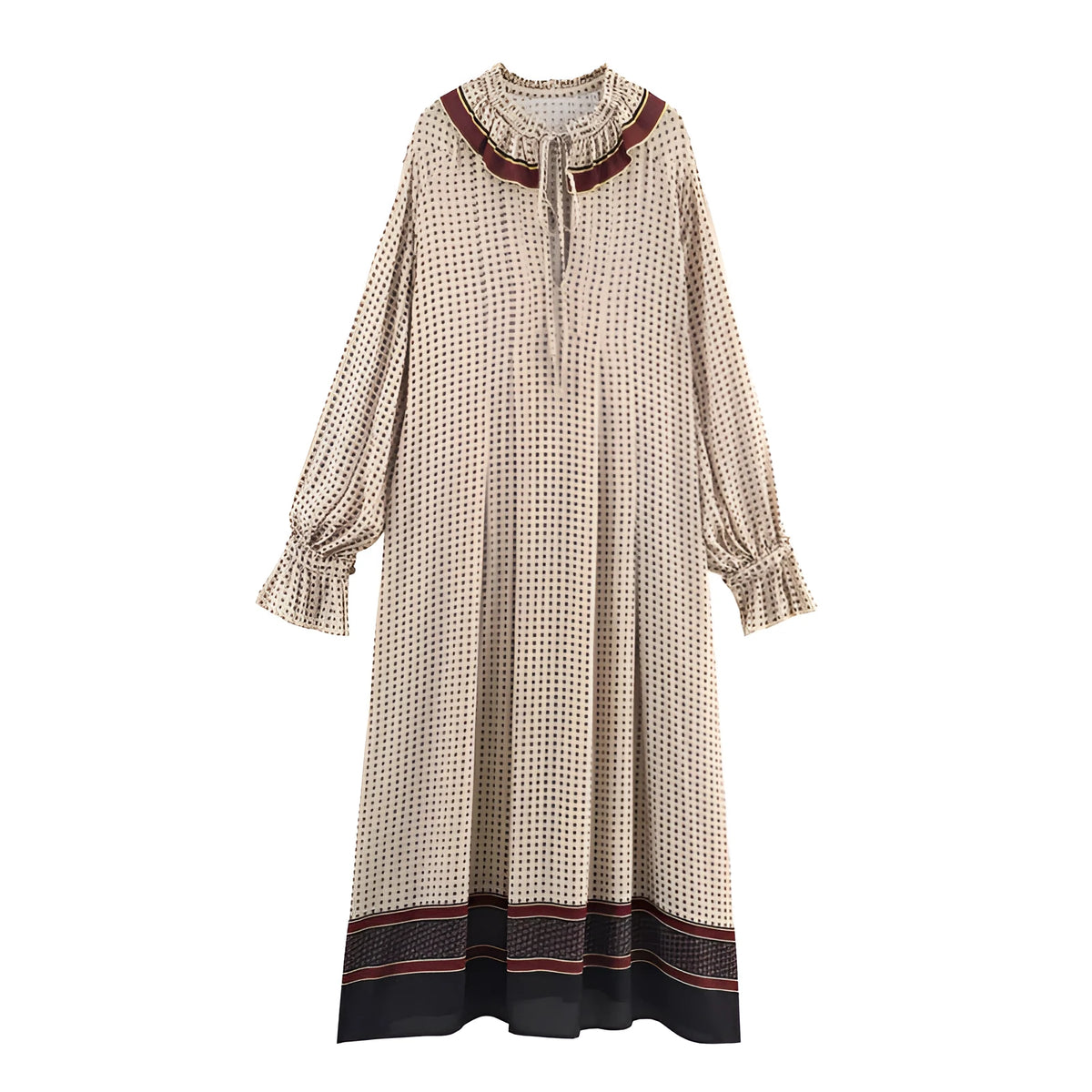 Women's long sleeve cotton dress with loose mid waist and stripes or plaid print, sizes XS to L