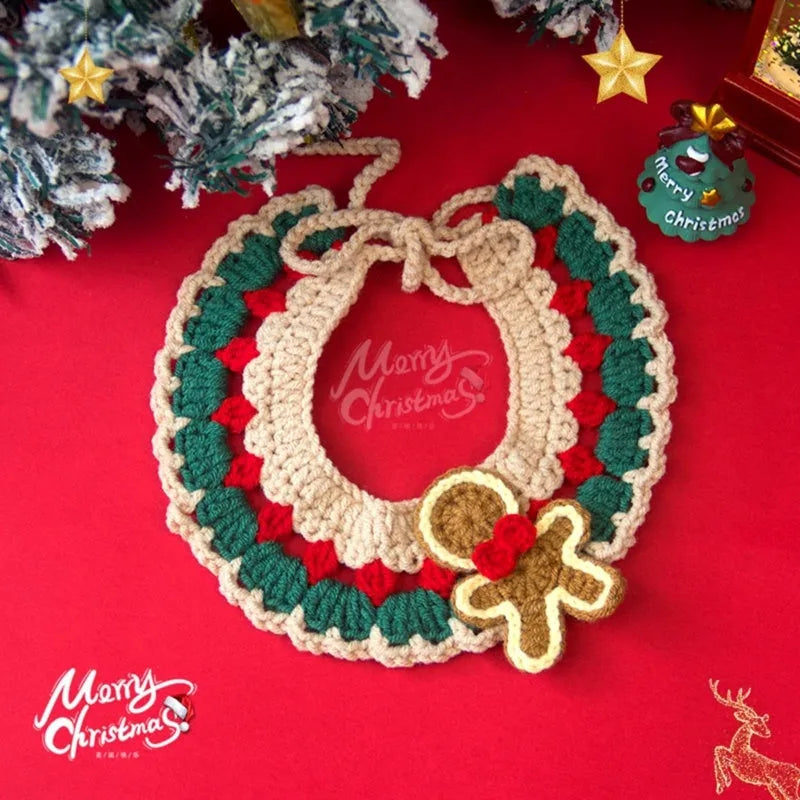 Adjustable Christmas knit pet collar with crochet Elk pattern, soft yarn, sizes L and M for cats and dogs