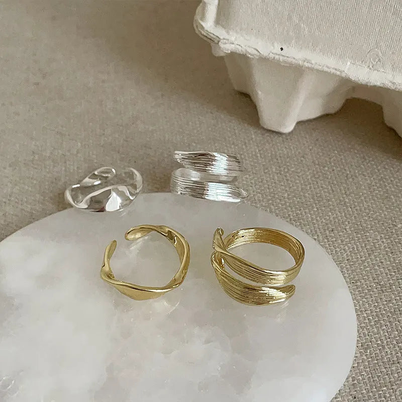 Irregular metal opening ring for women, copper with electroplated gold or silver finish, geometric shape