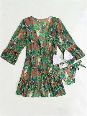 Green tropical triangle bikini set with kimono cover-up, polyester, quick-dry, high elasticity, sizes S to XL