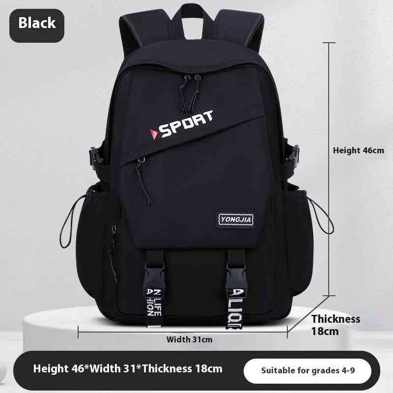 School Trends backpack in black, gray, and purple, made from Oxford cloth with curved shoulder straps for girls grade 4-9