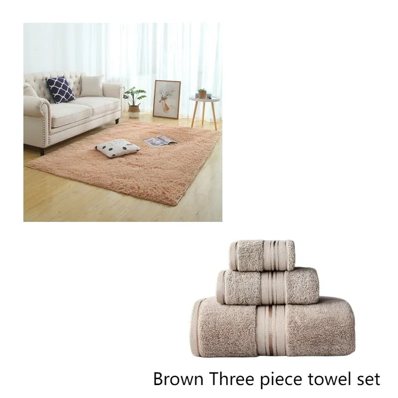 Machine woven plain rectangle fluffy rug in beige long-hair finish on a wooden floor