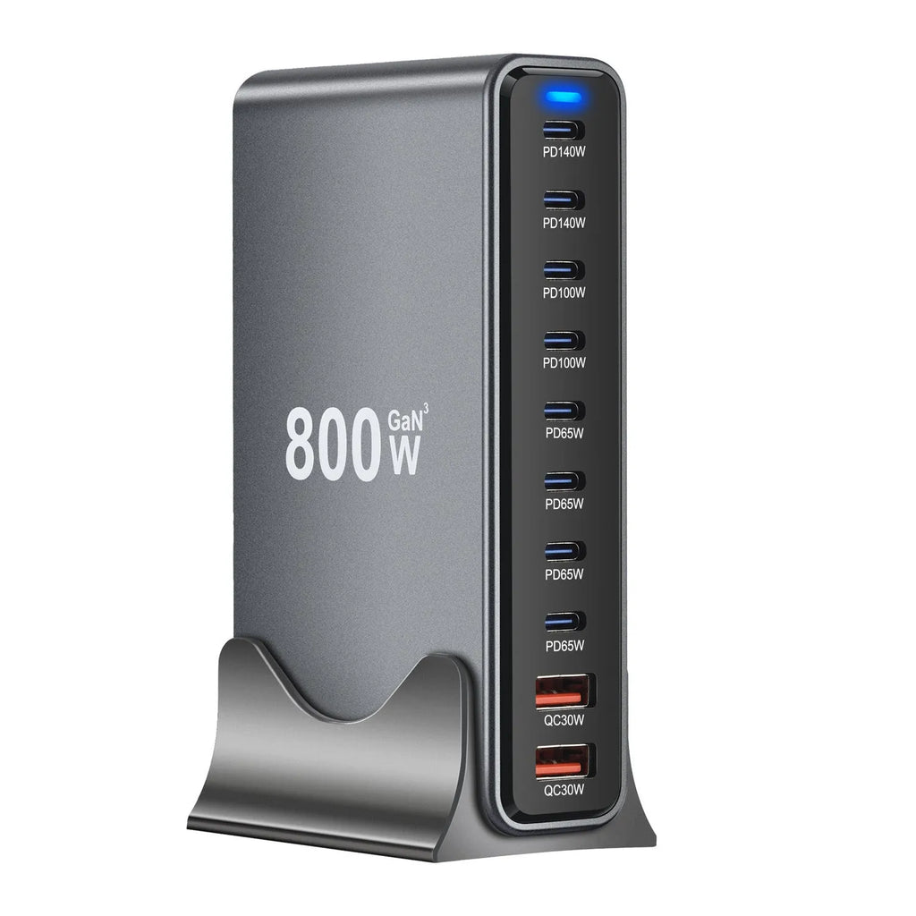 Silver gray 800W gallium nitride multifunctional PD desk charger with 140W total output and USB interface
