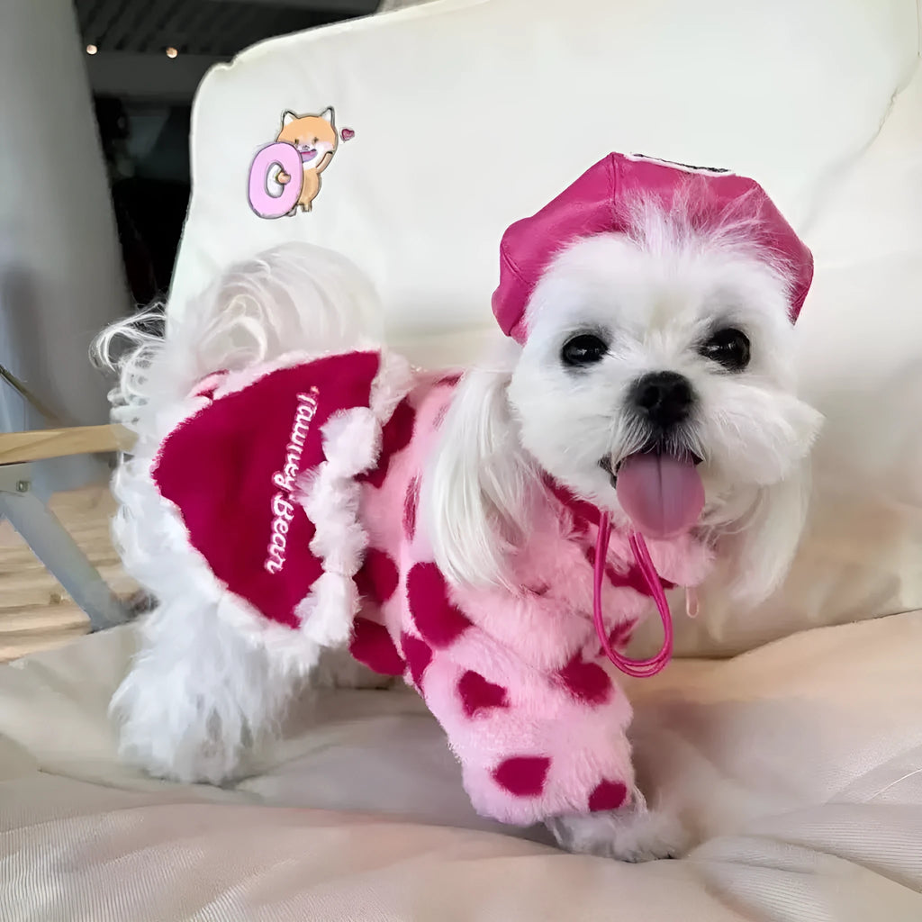 Pink plush-warm polyester dog coat for small breed puppies on a mannequin, showing British style design.