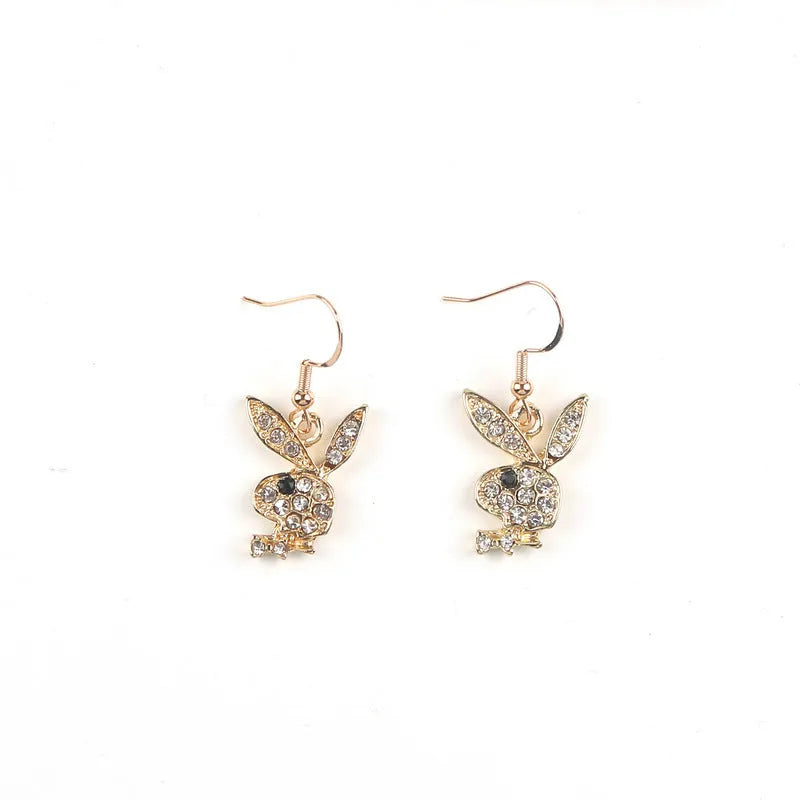 Rabbit stud earrings with full diamond design in gold pink silver colour options